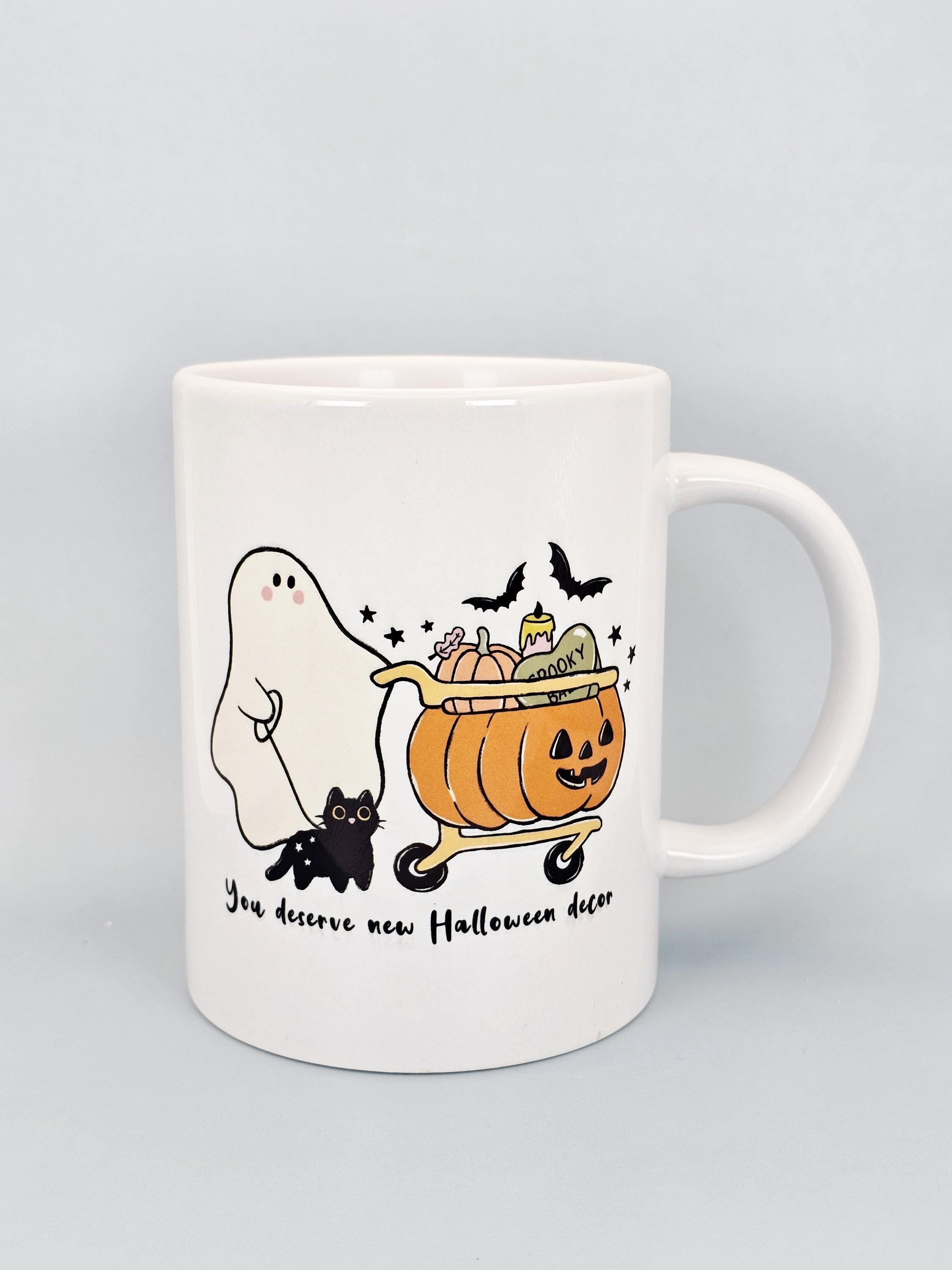Halloween Coffee Mug – Ghost & Black Cat Cup – Funny Spooky Cute Gift
