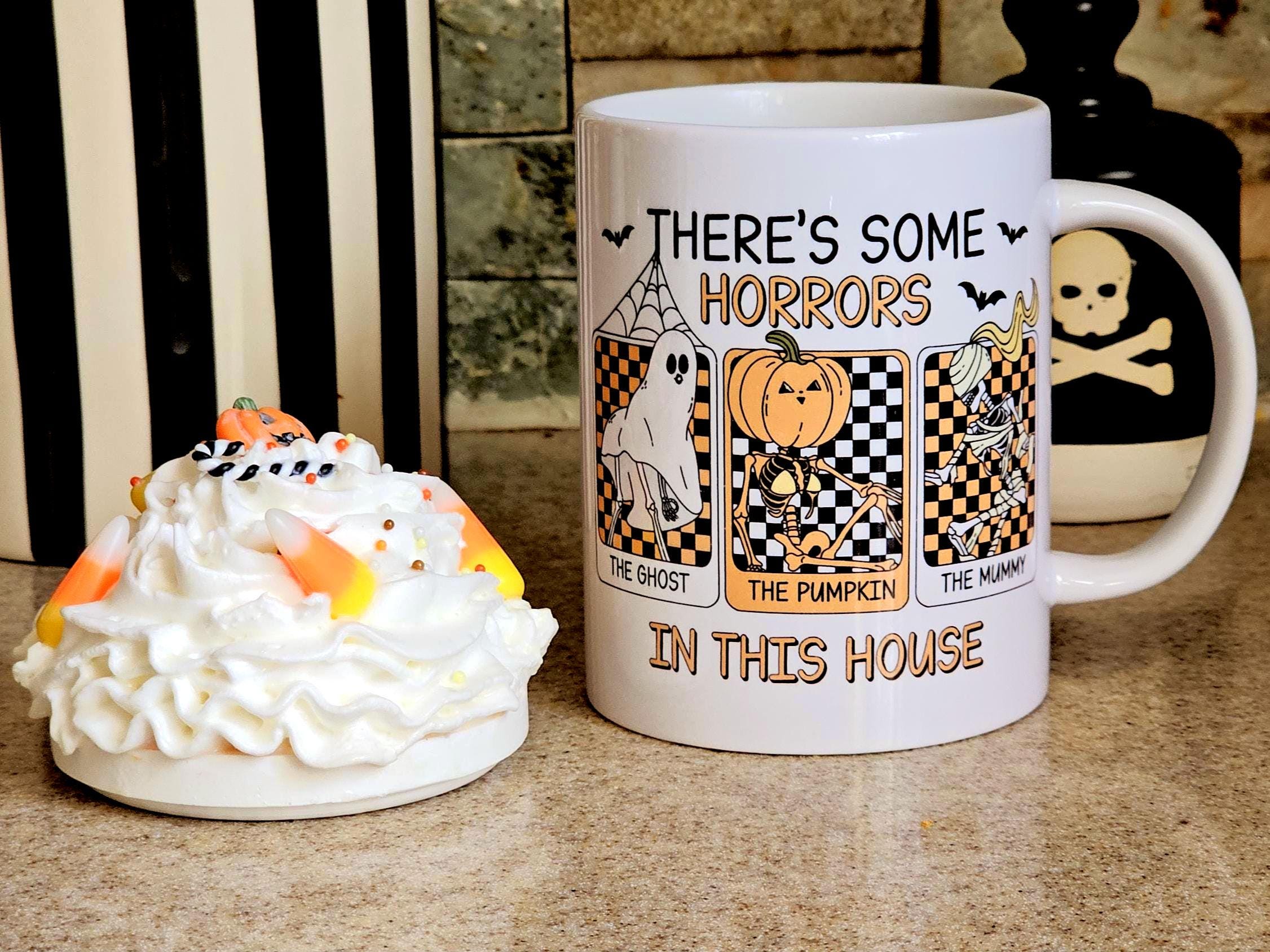 Luxury Funny "There's Some Horrors In This House" Halloween Mug Set – 15oz with Handmade Faux Whipped Cream Topper - Thumbnail 2