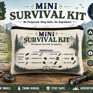 May include: A rectangular off-white canvas pouch featuring a printed mountain landscape and the text MINI SURVIVAL KIT. The design lists essential items including a flashlight, carabiner, flint stick, compass, and whistle, with matching gear placed in front.