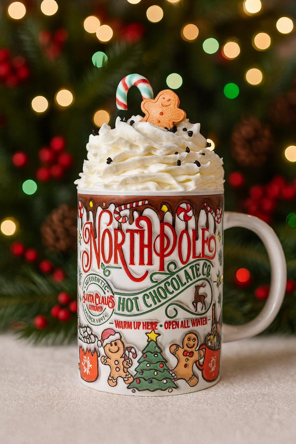 Luxury North Pole Hot Chocolate Mug Set – 15oz with Handmade Faux Whipped Cream Topper