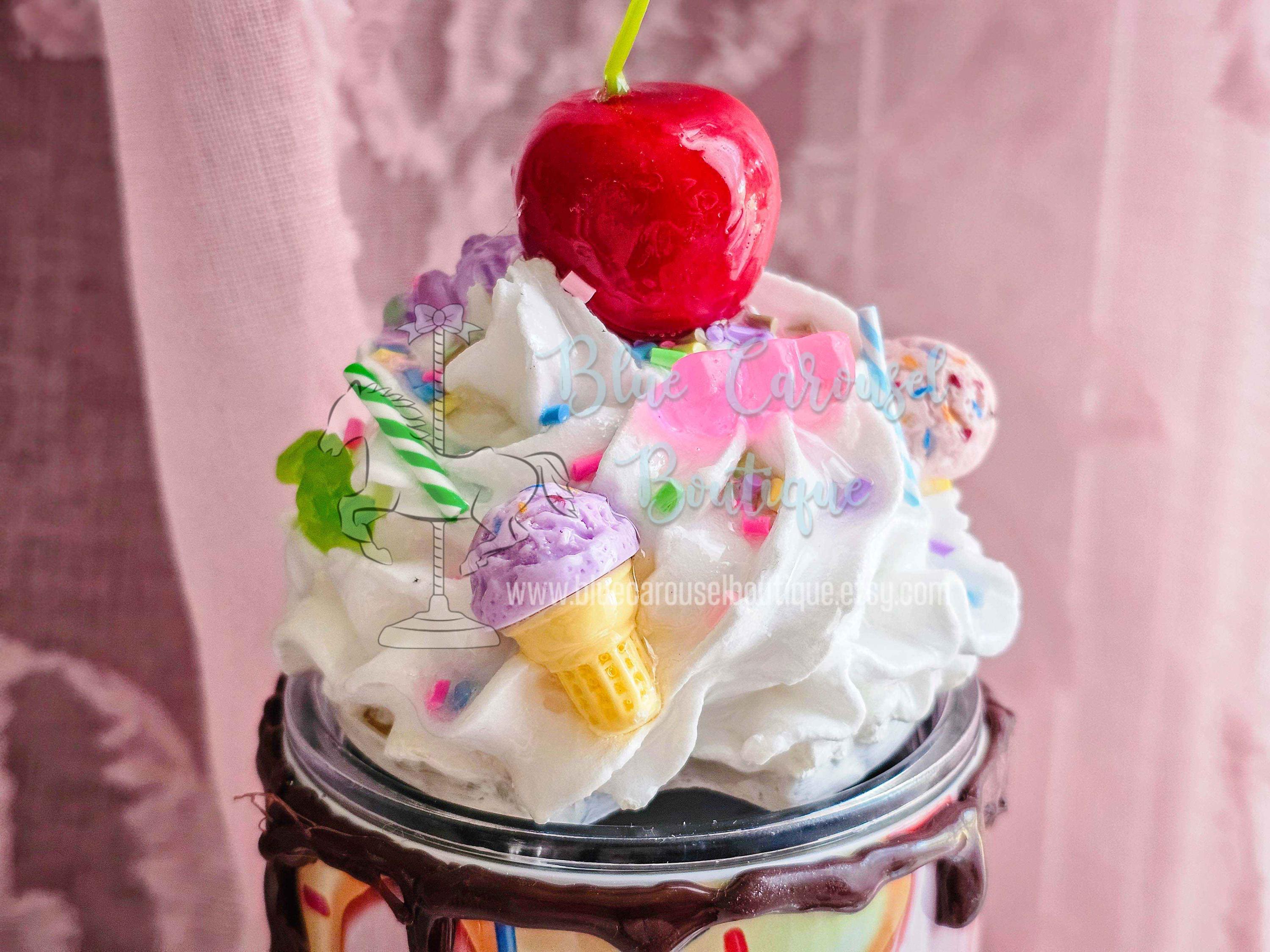 3D ice cream sundae tumbler cup with faux removable magnetic whipped cream, cherry, and candy  topper 20oz capacity realistic food cute - Thumbnail 2