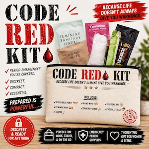 Puede incluir: Un kit Code Red, un kit de emergencia para la menstruación, incluye productos de higiene femenina, toallitas y una barra de chocolate. El kit está diseñado para ser discreto, compacto y esencial para el trabajo y viajes.