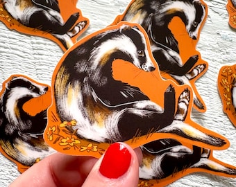 Summer badger matte  Sticker, Waterproof Vinyl Decal, retro uk animals, illustration neutral gift, kitsch journal decor, retro style, britsh
