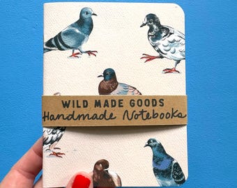 Street pigeons print paper notebook, pocket journal, retro adventure stationary, illustrated Canadian art book, handmade small sketch pad