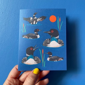 Carte pour notes finition lin huards bleus, voeux cadeau, enveloppe incluse, note vierge amitié, animal du lac, oiseau, observation des oiseaux de canards colorés