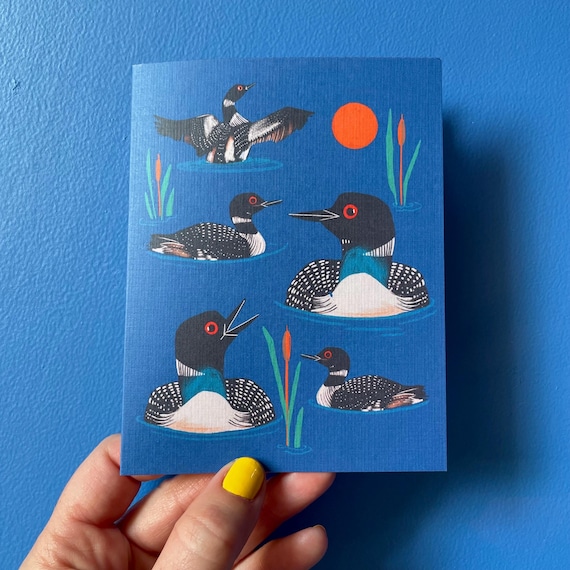 Blue loons linen finish notecard,  gift greeting, envelope included, friendship blank note, lake animal, bird, colourful ducks birding