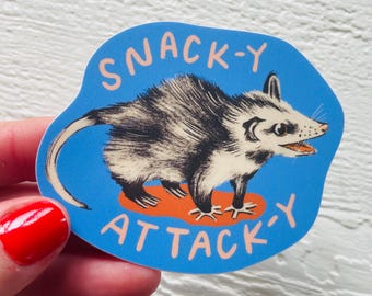 Snacky opossum matte sticker, vinyl decal, rodent creature, waterproof illustrated stationary, neutral art gifts, kitsch quote stationary