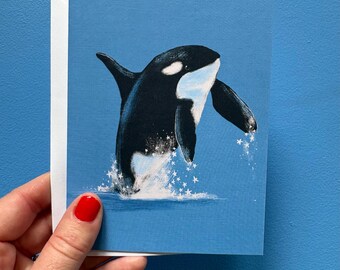 Orca whale linen finish notecard,  gift greeting, envelope included, ocean art card blank, celbrating notes, gifts, colourful colourful art