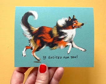 Excited collie dog, linen finish notecard, gift greeting, envelope included, friendship blank, family animal, bold cheerful gift, congrats
