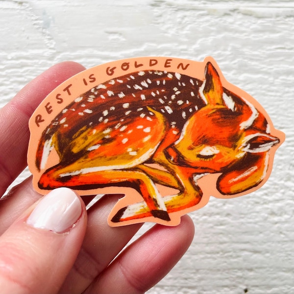 Resting deer sticker, vinyl decal, baby fawn, waterproof illustrated stationary, neutral gifts, Canadian artist pink pastel warm aesthetic