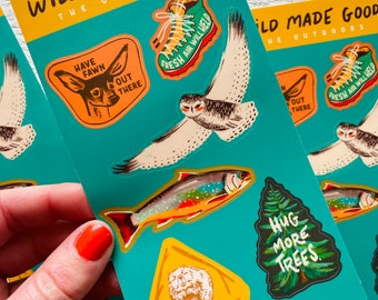 Outdoor sticker sheet, cute animal vinyl decal, made in Canada, camp kitsch  aesthetic waterproof illustration, kiss cut sticker sheet gift