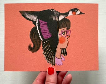 Duck darling art print, 5x7 illustration art, recycled paper, outdoor camp, Canadian artist gifts, ducks,  illustration retro drawing gift