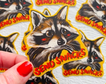 Send Snacks raccoon sticker, whimsical decal, vinyl sticker, nature theme, raccoon vinyl food quote , waterproof sticker, neutral stationery