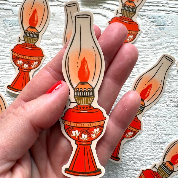 4”Oil lamp matte sticker, vinyl decal, floral lantern, waterproof stationery, vintage neutral art gifts, kitsch traditional gift stationery