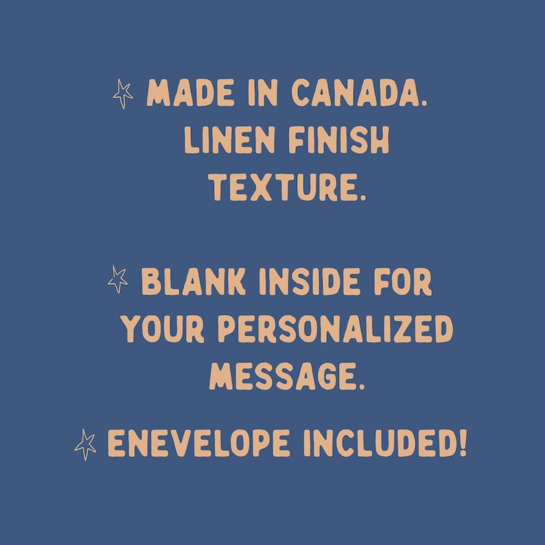 Pode incluir: Um cart&atilde;o com textura de acabamento de linho. O cart&atilde;o &eacute; feito no Canad&aacute; e tem um interior em branco para uma mensagem personalizada. Um envelope est&aacute; inclu&iacute;do.