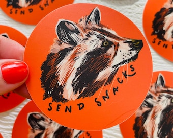 Send Snacks raccoon sticker, whimsical sticker, vinyl sticker, nature sticker, raccoon vinyl sticker, waterproof sticker, suburbia raccoons