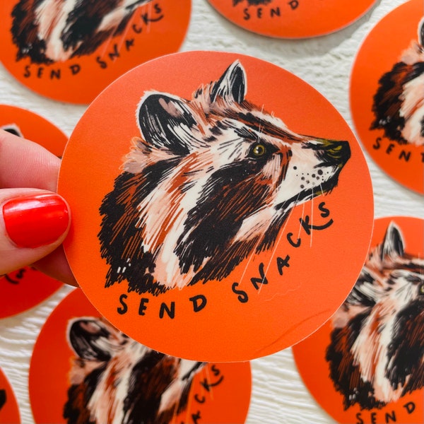 Send Snacks raccoon sticker, whimsical sticker, vinyl sticker, nature sticker, raccoon vinyl sticker, waterproof sticker, suburbia raccoons