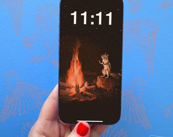 Hand drawn digital phone wallpapers, chipmunk fire Art, instant download, vintage style art for phone, background, retro outdoor nature