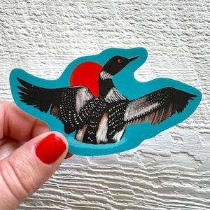 Loon and moon sticker, neutral bird stationary, vinyl decal, retro vintage colour, bird quotes, scratch proof, wild made goods, Canadian art