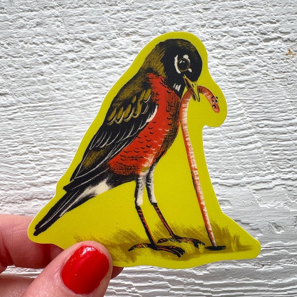 Robin and worm illustrated sticker, Matte Vinyl, Waterproof birds art, stationery gifts, canadian birding, retro neutral art, funny birds