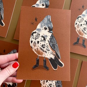 Impression d'art mésange en touffes, illustration d'art 5 x 7, papier recyclé, impression d'oiseau de tatouage, artiste canadien, oiseaux coriaces, dessin rétro d'illustration