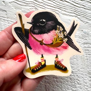 Pink Robin daisy collector sticker, neutral decal, waterproof illustrated stationary, neutral art, cute kitsch gift, Canadian art, hiking