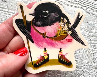 Pink Robin daisy collector sticker, neutral decal, waterproof illustrated stationary, neutral art, cute kitsch gift, Canadian art, hiking