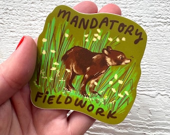 Flower field bears Sticker, Waterproof Vinyl Decal, grizzly brown bear, illustration neutral gift, funny quote journal decor, retro style