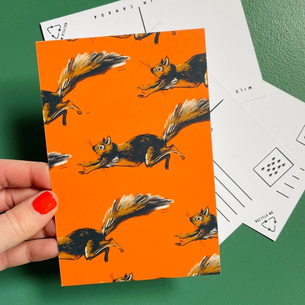 Set of 2 postcard, recycled paper postcard, orange squirrel, vintage camp card, kitsch stationary, gifted mail, postcards, made in Canada