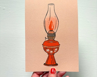 Vintage oil lamp print, 5x7 illustration art, recycled paper, vintage theme gifts, Canadian artist, bleeding hearts flower, drawing gift