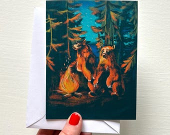 Tarjeta de felicitación con diseño de osos alrededor de una fogata, acabado en lino, ilustración incluida, sobre de amistad, arte colorido, regalo neutro, papelería de cabaña