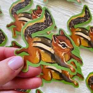 Jumping chipmunk sticker, whimsical animals, vinyl rodent deca, cute illustration, waterproof sticker, green brown stationary, laptop gift