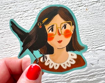 Crow portrait sticker, vinyl decal, black birds stickers, waterproof stationary, vintage people illustrations, cute feminine outdoor gifts