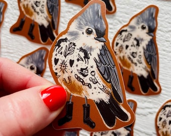 Tufted titmouse matte sticker, vinyl decal, tattoo birds, waterproof illustrated stationary, neutral animals gifts, kitsch gift stationary