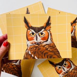 Impression d'art de hibou grand duc, impression 5 x 7, illustration d'artiste canadien, illustration d'oiseau de hiboux jaunes, art d'observation d'oiseau, cadeaux pour la maison neutres