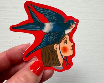 Barn swallow girl sticker, vinyl decal, birds stickers, waterproof stationary, vintage people illustrations, cute feminine outdoor art gifts