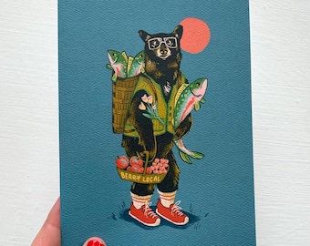 Market black bear art print, 5x7 illustration, recycled paper, nature theme print, Canadian artist, cute retro, neutral gift, market shop