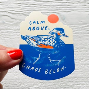 Pegatina mate de pato del caos, calcomanía de vinilo, aves acuáticas, papelería ilustrada resistente al agua, regalos neutros, regalo kitsch de campamento canadiense.
