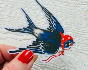 Star bonnet swallow bird Sticker, vinyl decal, illustrated Waterproof, blue and red, Canadian artist gift, birding, whimsical birds gifts