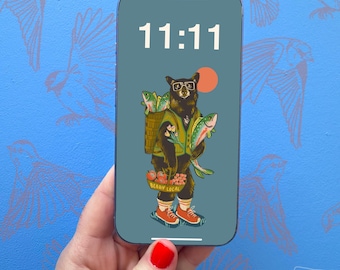 Hand drawn digital phone wallpapers, market bear Art, instant download, vintage style art for phone, background, retro funny outdoor nature