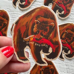 Bear Salmon Sticker: Waterproof Vinyl Decal - Grizzly Art
