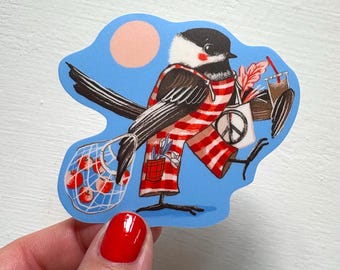 Farmer market chickadee Sticker, vinyl decal, illustrated Waterproof, adventure camp birds, Canadian birds, birding, hipster animal gifts