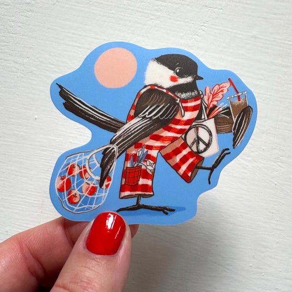 Farmer market chickadee Sticker, vinyl decal, illustrated Waterproof, adventure camp birds, Canadian birds, birding, hipster animal gifts