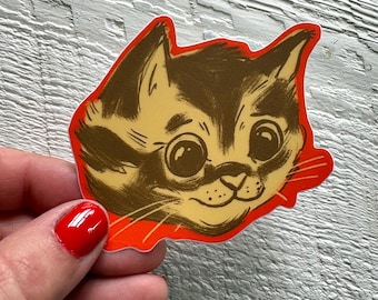 Sweet kitten face Sticker, Waterproof Vinyl Decal, Canadian Art, small cute gifts, neutral art journal, cats, vintage retro style stationery