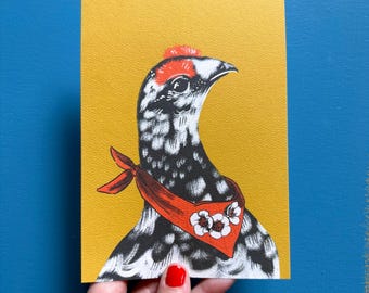 Ptarmigan grouse art print, 5x7 illustration art, recycled paper, northern bird, Canadian artist gift, bold illustration retro drawing gift