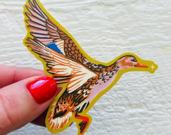 Flying female mallard Matte Vinyl Sticker, Waterproof duck bird Decal, stationery gifts, birds birding, retro neutral art, stickers journal