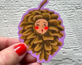Pinecone darling sticker, vinyl decal, nature decals, waterproof stationary, vintage people illustrations, cute feminine outdoor art gifts
