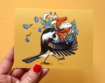 Chickadee forager notecard, linen finish animal greeting, envelope note card neutral, blank card, bird nature stationary art friend gifts