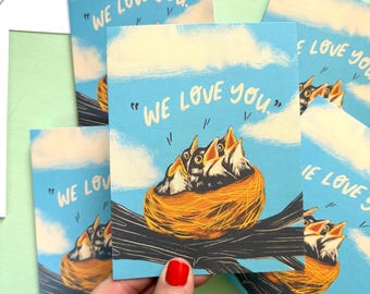 Baby birds linen finish notecard,  family gift greeting, envelope included, friendship blank, lake animal, bird, colourful robin birthday