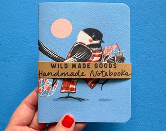 Market chickadee Notebook, Illustrated Canadian Art, recycled paper Handmade Pocket Journal, sketch notes blank books, bird gifts, notes